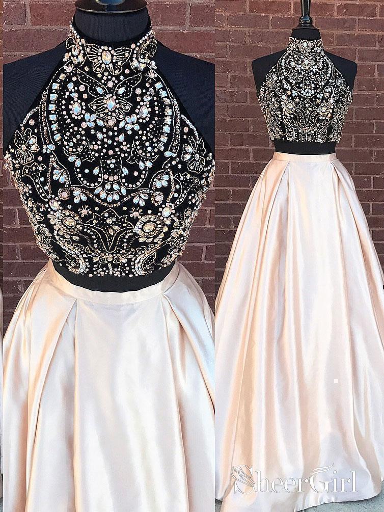 A-Line High Neck Beaded Bodice Two Piece Long Prom Dresses APD2888