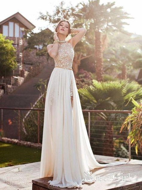 A-line Lace Beach Wedding Dresses with Slit Ivory Backless Sexy