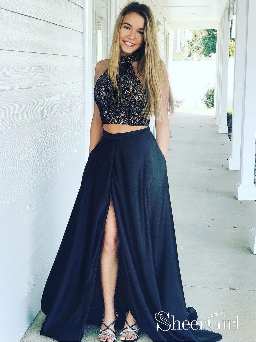 Lace Two Piece High Low Prom Dresses A-Line Lace Bodice Navy Two Piece Prom Dresses Lace Two Piece High Low Prom Dresses A-Line Lace Bodice Navy Two Piece Prom Dresses