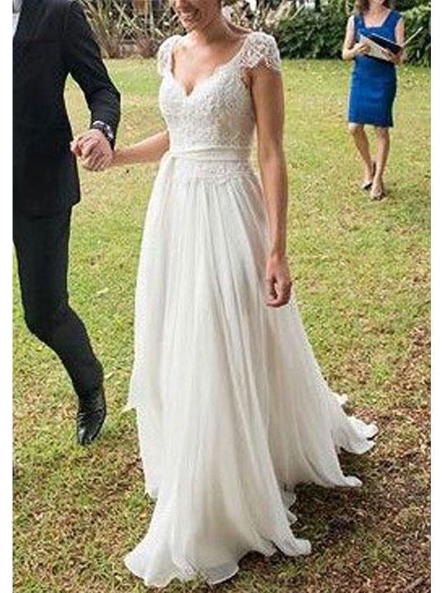blue dress for baby girl Simple A-line V-neck Cap Sleeves Beach Wedding Dresses With Lace Appli –  Simidress