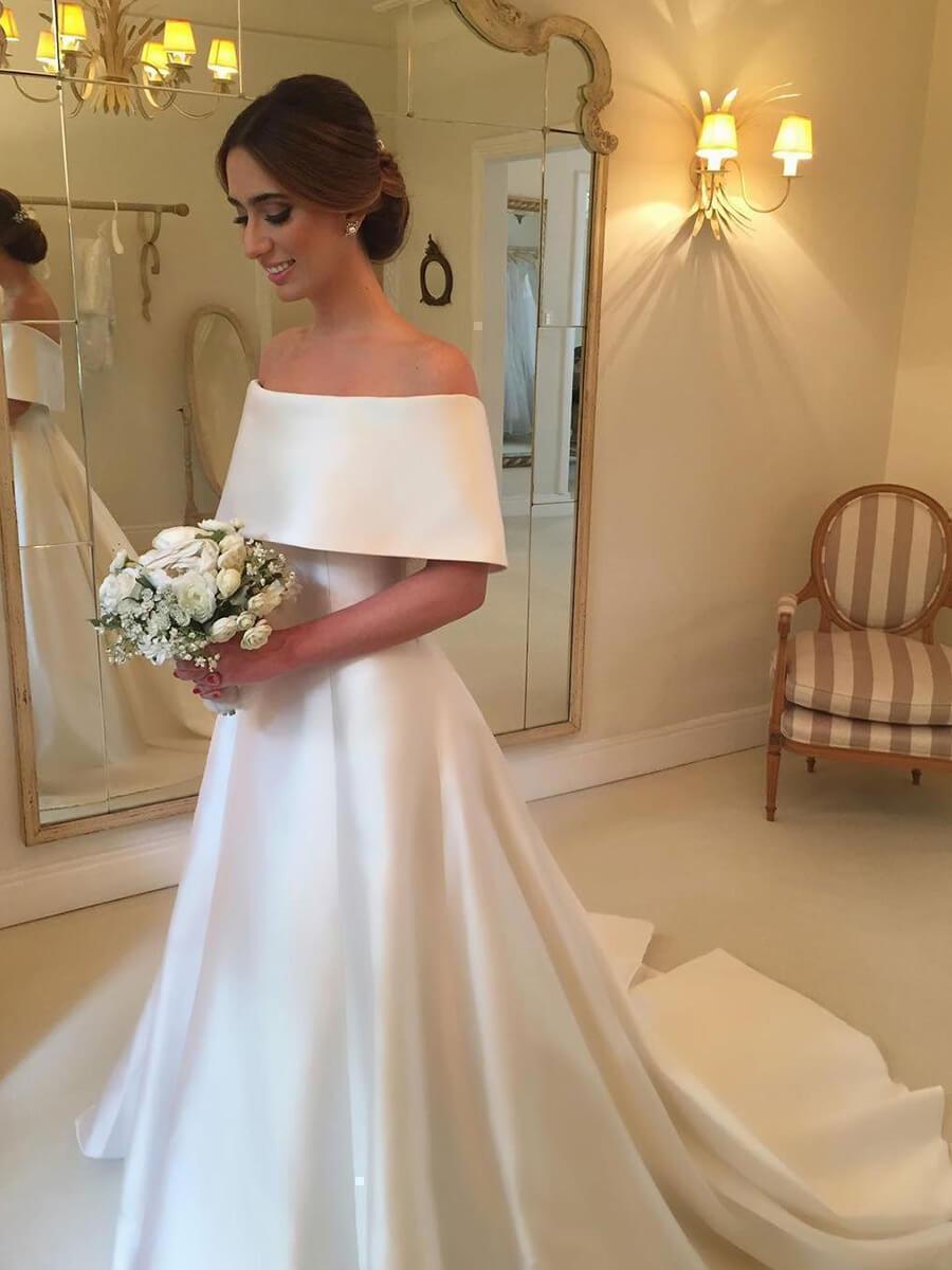 A-line Off the Shoulder Satin Cheap Simple Bridal Wedding Dresses SWD0 SheerGirl A-line Off the Shoulder Satin Cheap Simple Bridal Wedding Dresses SWD0 SheerGirl