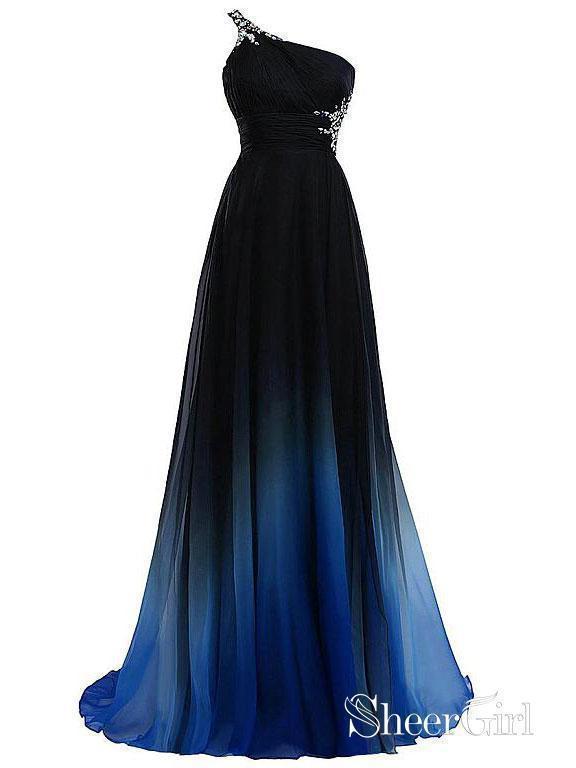 A-line One Shoulder Ombre Formal Dresses Cheap Long Prom Dresses