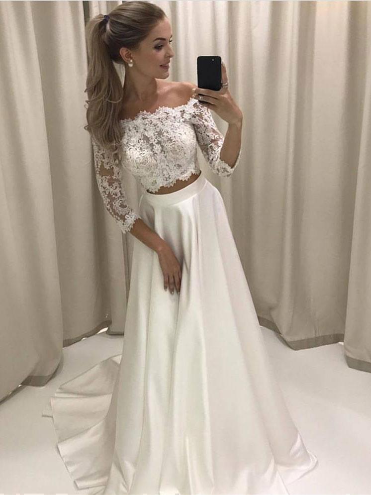 A-line Princess Lace Bodice 3/4 Sleeves Two Pieces Simple Wedding Dresses APD3033 A-line Princess Lace Bodice 3/4 Sleeves Two Pieces Simple Wedding Dresses APD3033