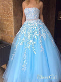 A-line Princess Sky Blue Lace Appliqued Tulle Long Strapless Prom Dresses APD3108-SheerGirl