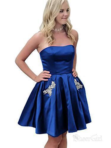 A-line Satin Beaded Strapless Cheap Homecoming Dresses with Pocket APD –  SheerGirl