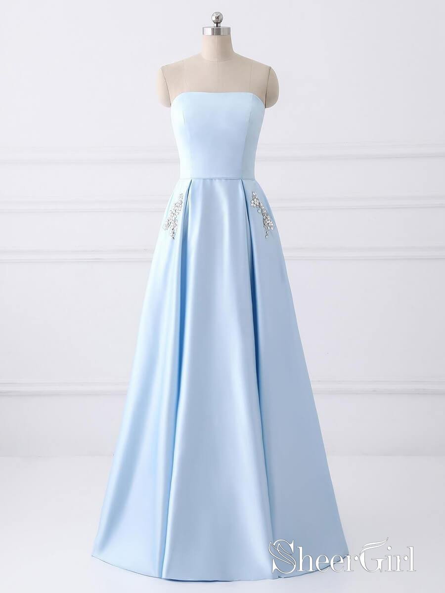 A-line Strapless Simple Long Cheap Red Prom Dresses with Pocket APD302 –  SheerGirl