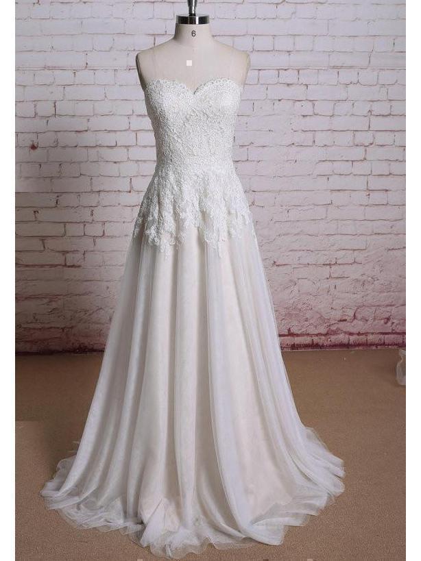 A-line Strapless Sweetheart Ivory Tulle Lace Beach Wedding Dresses,apd2237-SheerGirl