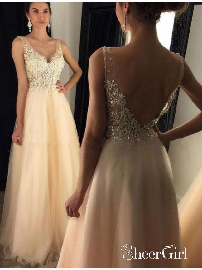 A-line Tulle with Lace See-through Bodice V-neck Long Prom Dresses apd –  SheerGirl