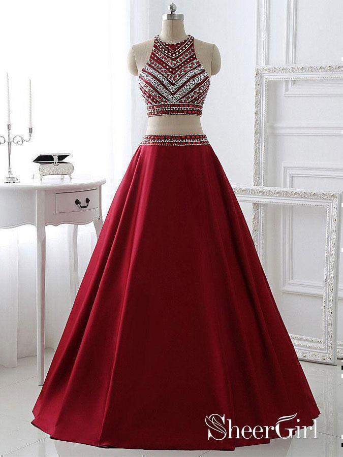 A-Line Two Piece Prom Dresses,Burgundy Satin Halter Long Formal Dresses,Apd1810 A-Line Two Piece Prom Dresses,Burgundy Satin Halter Long Formal Dresses,Apd1810