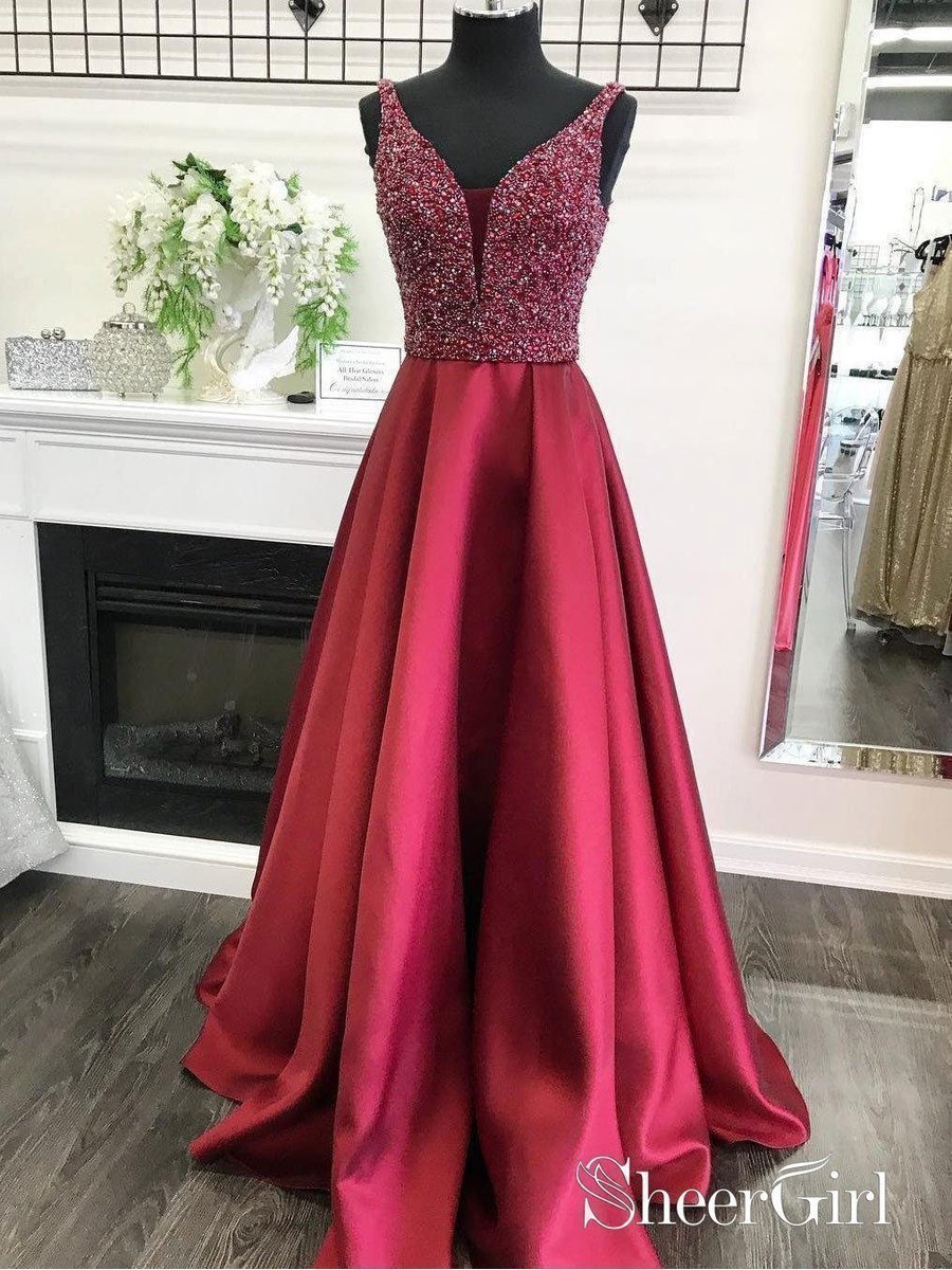 A-line V-neck Beaded Bodice Burgundy Satin Long Prom Dresses APD2887 A-line V-neck Beaded Bodice Burgundy Satin Long Prom Dresses APD2887