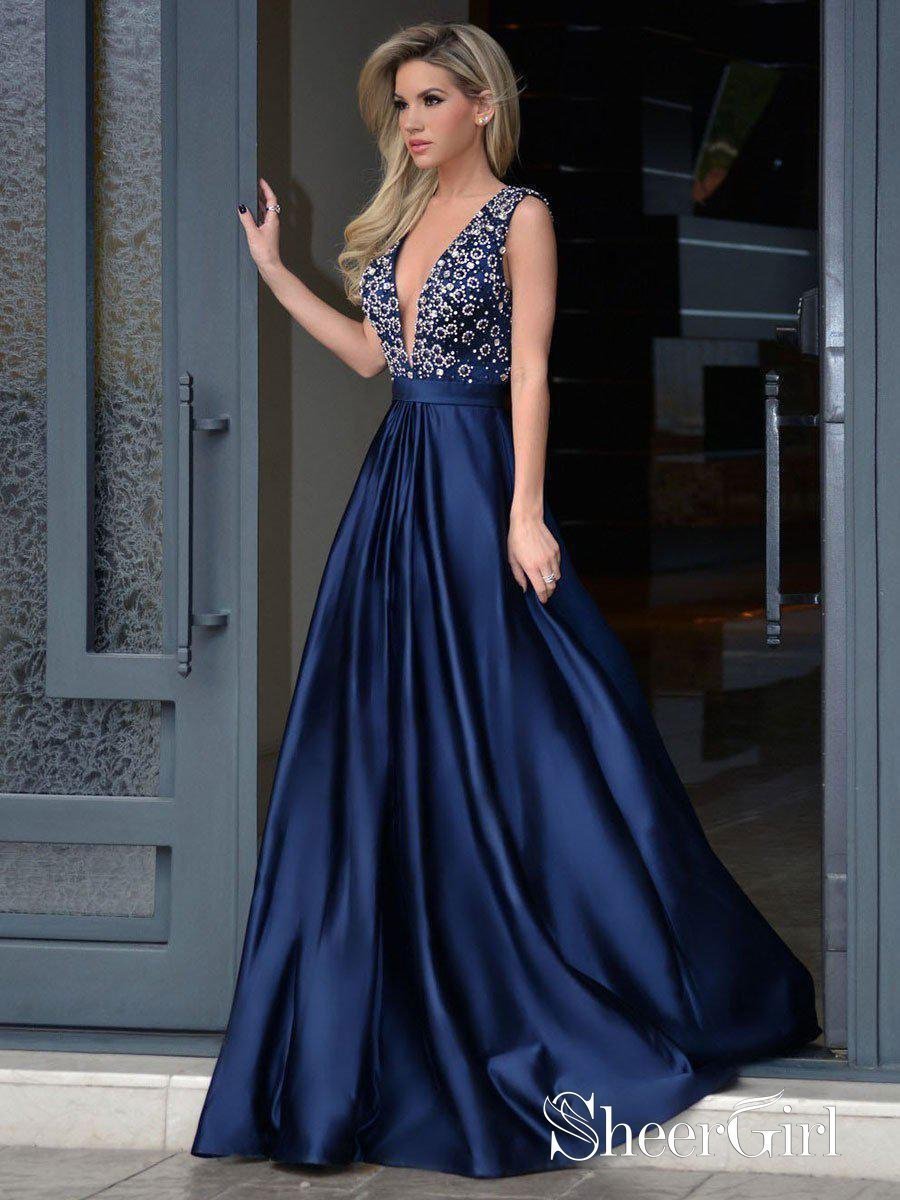 A-line V-neck Beaded Bodice Navy Blue Satin Long Prom Dresses