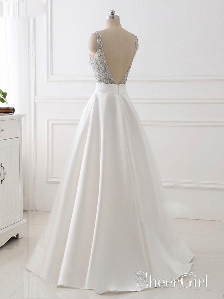 A-line V-neck Beaded Top Ivory Satin Long Prom Dresses APD3172-SheerGirl