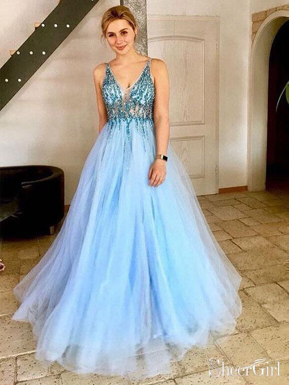 A-line V-neck Beaded Tulle Long Prom Dresses Burgundy Prom Dress APD3146