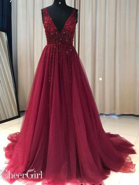 A-line V-neck Beaded Tulle Long Prom Dresses Burgundy Prom Dress APD31 SheerGirl A-line V-neck Beaded Tulle Long Prom Dresses Burgundy Prom Dress APD31 SheerGirl
