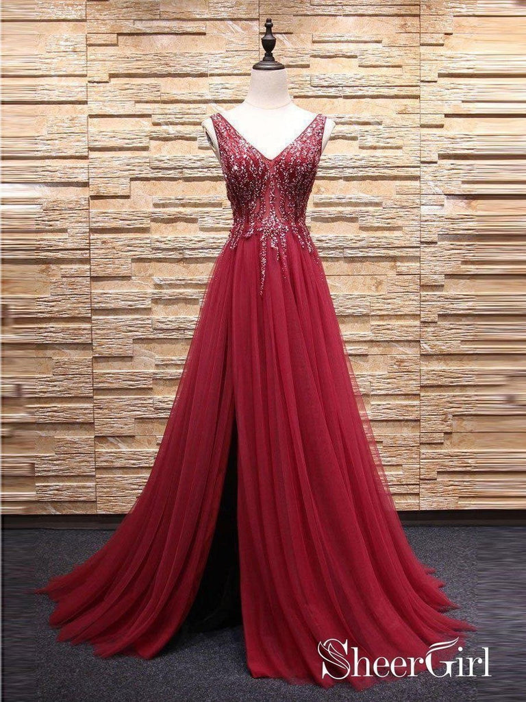 A-line V-neck Burgundy Tulle Beaded Prom Dresses with Split APD3011-SheerGirl