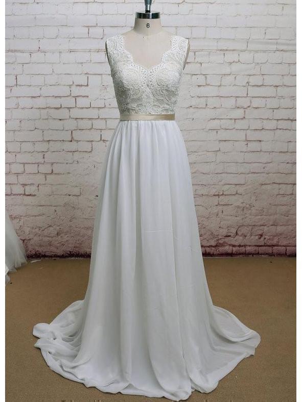 A-line V-neck Chiffon Lace Ivory Beach Wedding Dresses with Sash,APD2375 A-line V-neck Chiffon Lace Ivory Beach Wedding Dresses with Sash,APD2375