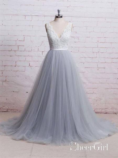 A-Line V-Neck Ivory Lace Bodice Grey Tulle Skirt Chapel Train Wedding Dresses,Apd2543
