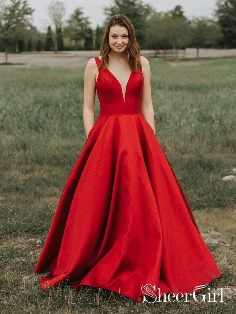 A-line V-neck Satin Long Cheap Red Prom Dresses with Pocket APD3101 SheerGirl A-line V-neck Satin Long Cheap Red Prom Dresses with Pocket APD3101 SheerGirl