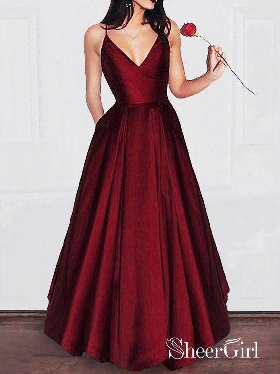 A-line V-neck Spaghetti Strap Burgundy Prom Dresses Long Formal Evening Ball Gowns ARD1081-SheerGirl