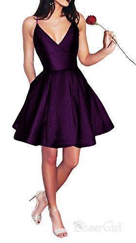 A-line V-neck Spaghetti Strap Burgundy Simple Homecoming Dresses with Pocket APD2544-SheerGirl