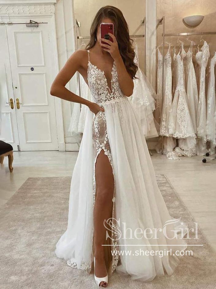 A-line V-neck Spaghetti Straps Lace Bohemian Wedding Dress with Detachable Tulle Train AWD1829-SheerGirl