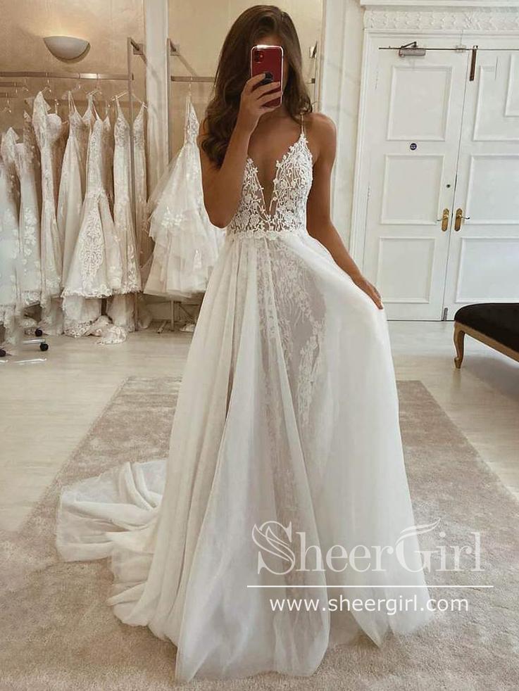 A-line V-neck Spaghetti Straps Lace Bohemian Wedding Dress with Detachable Tulle Train AWD1829 A-line V-neck Spaghetti Straps Lace Bohemian Wedding Dress with Detachable Tulle Train AWD1829