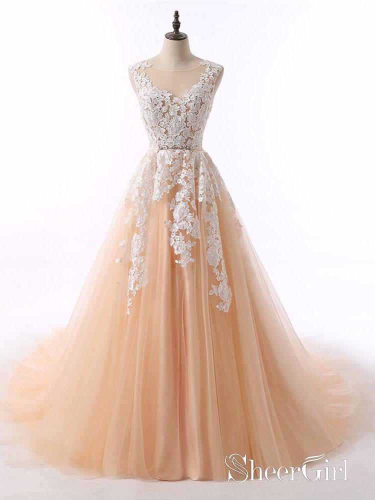 A-line White Lace Appliqued See-through Long Prom Dresses APD2990 A-line White Lace Appliqued See-through Long Prom Dresses APD2990