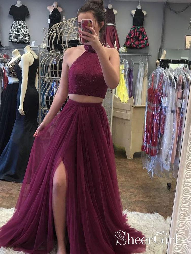 A-line/Princess Halter Two Piece Long Prom Dresses with Side Slit APD3032 A-line/Princess Halter Two Piece Long Prom Dresses with Side Slit APD3032