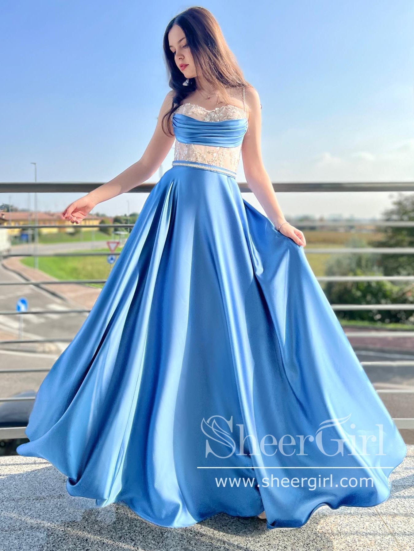 Baby Blue Beaded Bodice Prom Dresses with Jeweled Straps Satin Prom Go SheerGirl Baby Blue Beaded Bodice Prom Dresses with Jeweled Straps Satin Prom Go SheerGirl