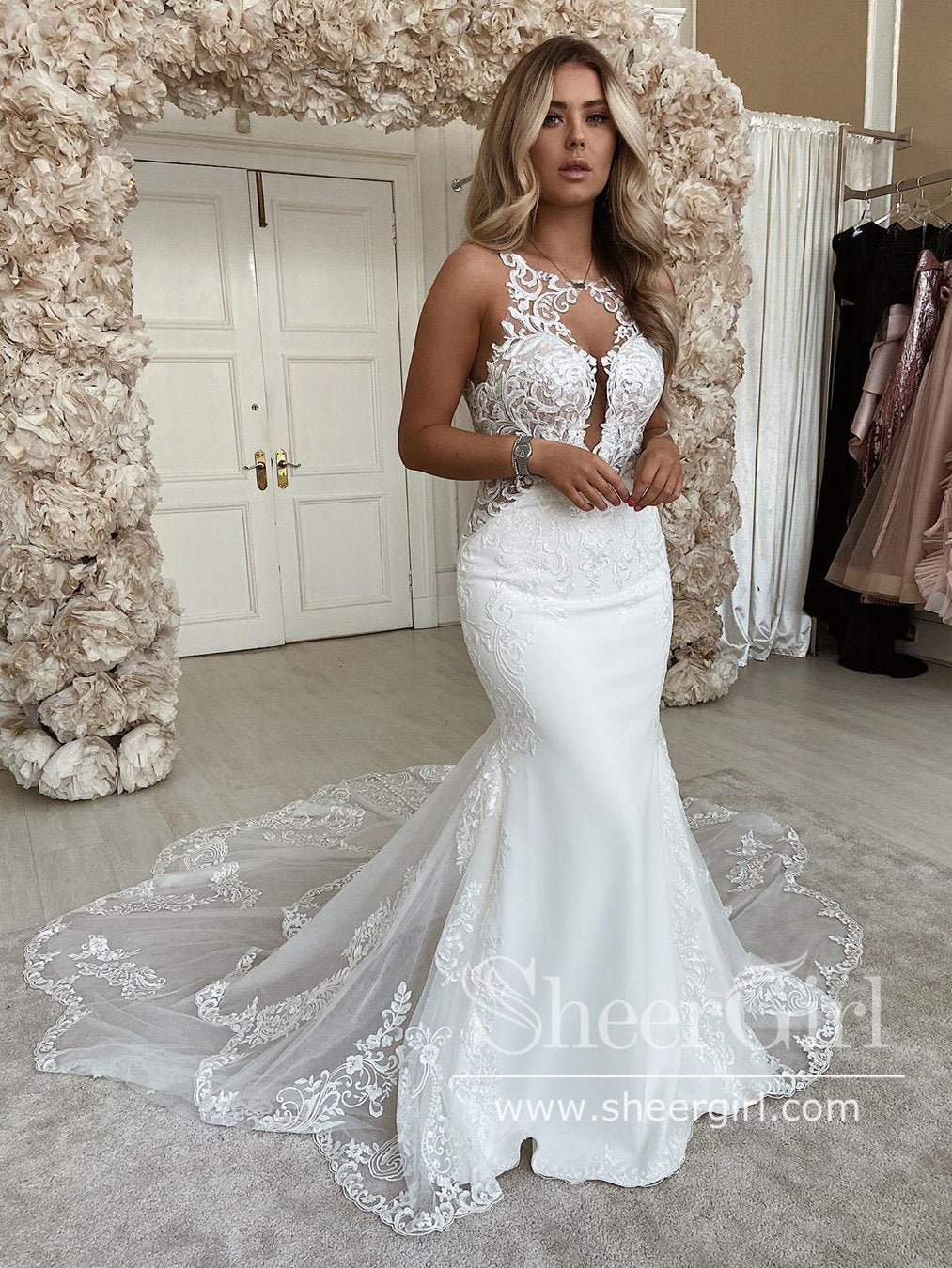 Backless Deep Neckline Mermaid Wedding Dress with Shaped Chapel Train AWD1769 Backless Deep Neckline Mermaid Wedding Dress with Shaped Chapel Train AWD1769
