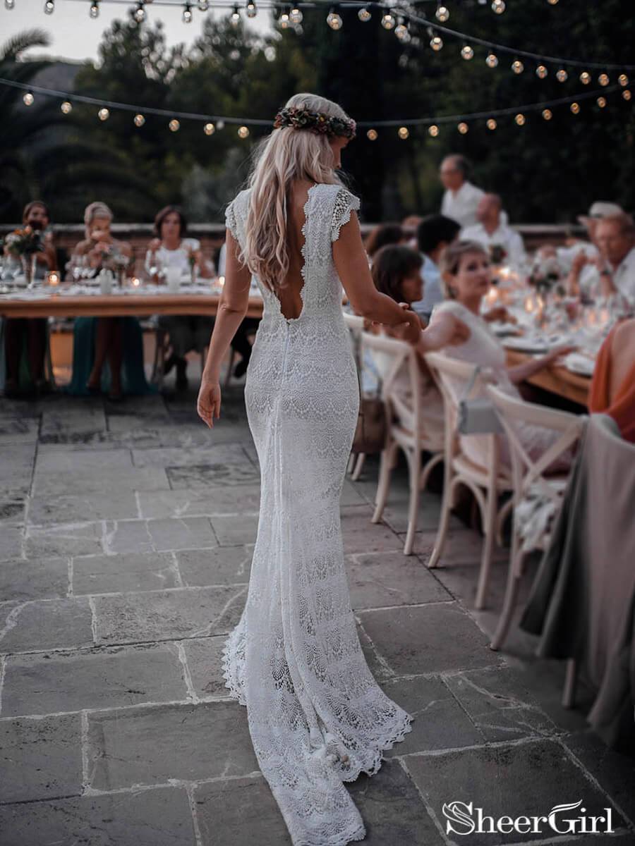Backless Lace Boho Mermaid Wedding Dresses Cap Sleeve Bohemian