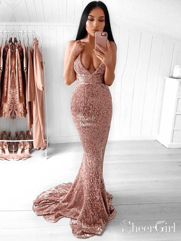 Backless V Neck Sequin Mermaid Prom Dresses Long Sexy Prom Dress ARD1853