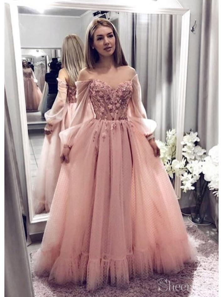 Long Sleeve Modest Graduation Dresses Ball Gown Blush Pink