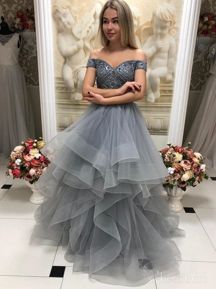 grey prom dresses 2021 grey long dress V-neck Halter Long A-line Silver Grey Sequin Tulle Prom Dresses, Newest