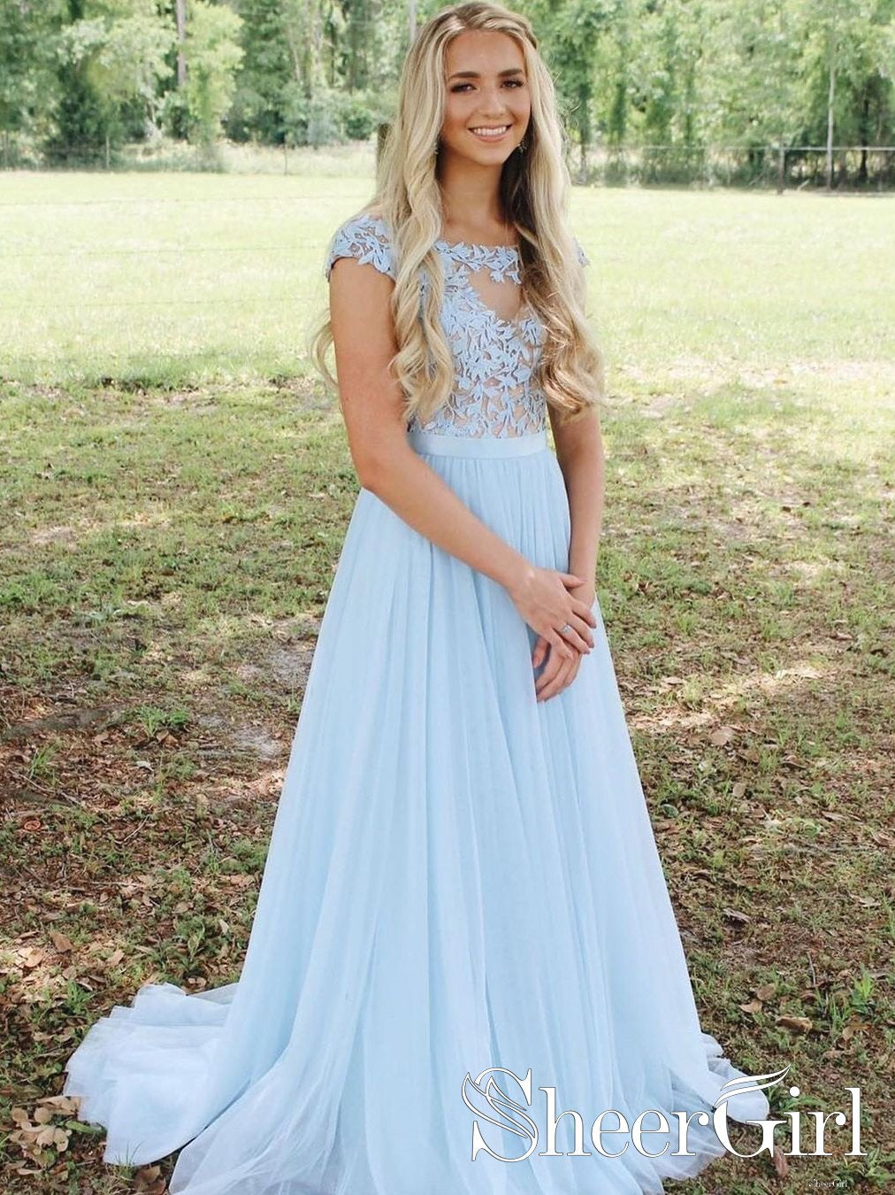 Bateau Neckline Scoop Sleeves Formal Dress Illusion Lace Bodice Sky Blue Floor Length Prom Dress ARD2524