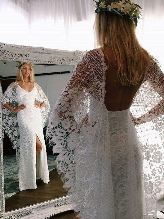 white batwing dress Batwing Sleeve Lace Rustic Wedding Dresses Ivory Sheath Boho Wedding Dresses AWD1163