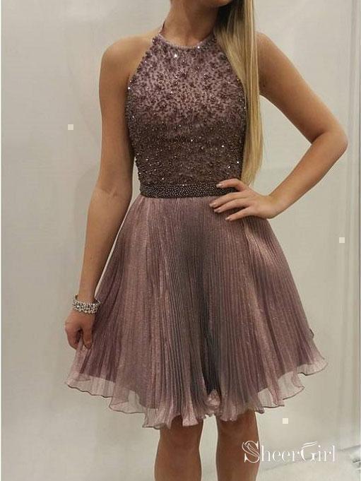 Beaded Bodice Tulle Skirt Halter Shiny Homecoming Dresses,APD2632
