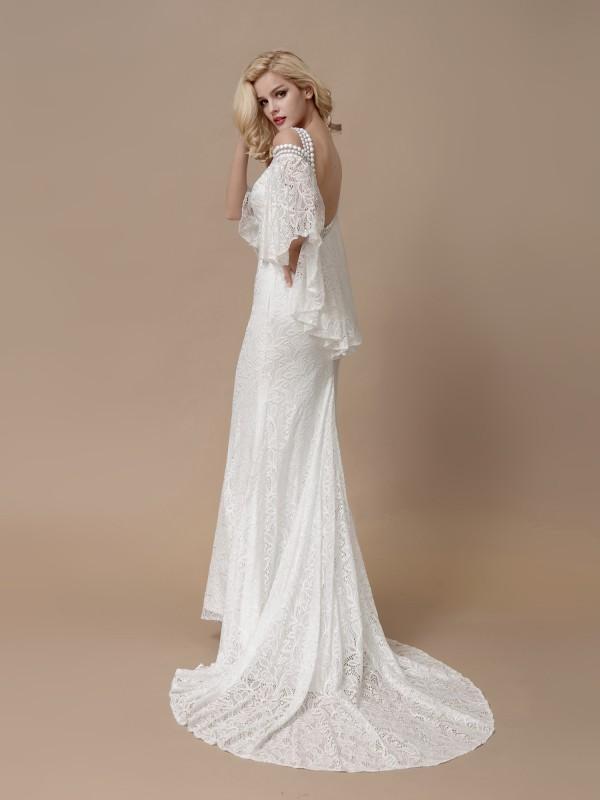 Beaded Ivory Modest Lace Mermaid Wedding Dresses with Batwing Sleeves AWD1005-SheerGirl