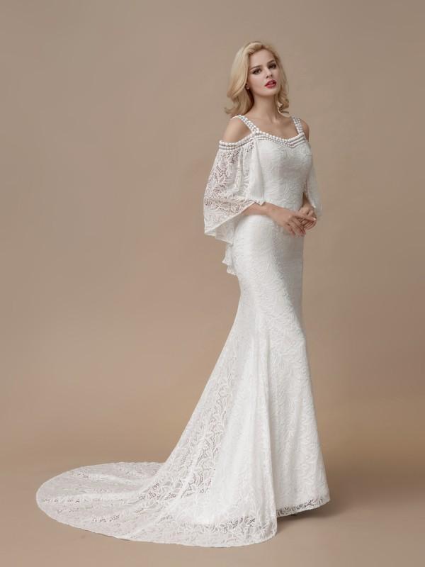 white batwing dress Beaded Ivory Modest Lace Mermaid Wedding Dresses with Batwing Sleeves AWD1005