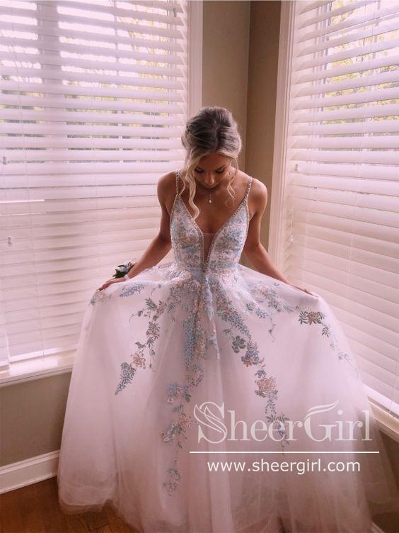 Beaded Spaghetti Strap Illusion V Neckline Wedding Dress with Colorful Lace Appliques AWD1706-SheerGirl