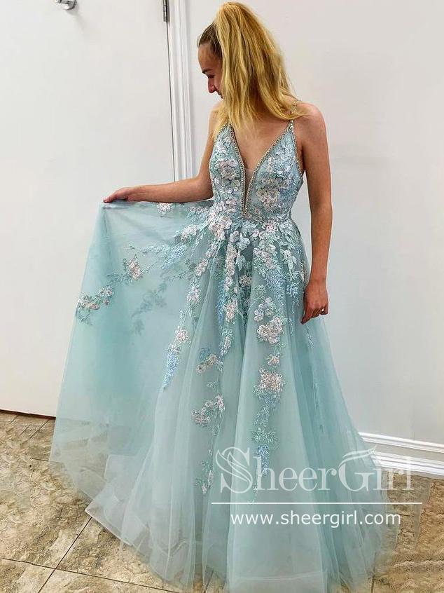 Beaded Spaghetti Strap Illusion V Neckline Wedding Dress with Colorful Lace Appliques AWD1706-SheerGirl