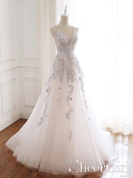 Beaded Spaghetti Strap Illusion V Neckline Wedding Dress with Colorful Lace Appliques AWD1706-SheerGirl