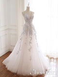 Beaded Spaghetti Strap Illusion V Neckline Wedding Dress with Colorful Lace Appliques AWD1706-SheerGirl