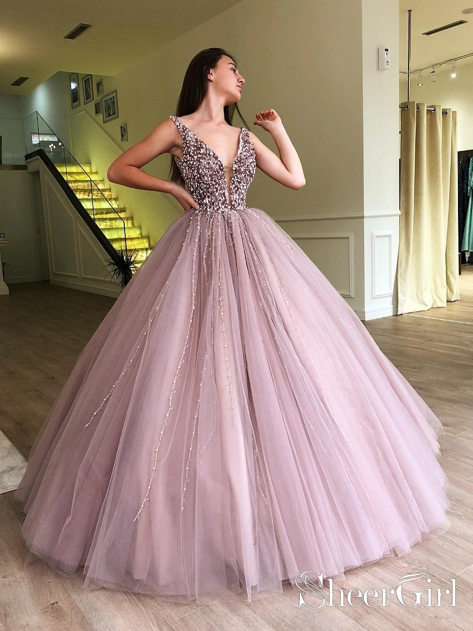 deep champagne color dress Beaded and Tulle Deep Illusion V Neck Ball Gown Mauve Champagne Prom Dress Ard2493