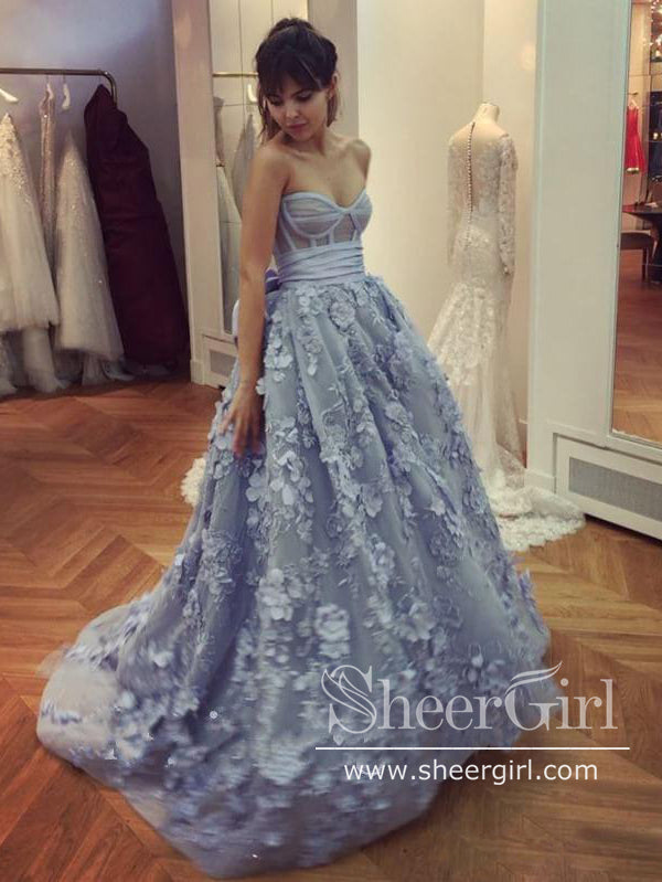 Spaghetti Strap Flower Applique Sky Blue Prom Dresses Ball Gown Prom Dress SheerGirl Spaghetti Strap Flower Applique Sky Blue Prom Dresses Ball Gown Prom Dress SheerGirl