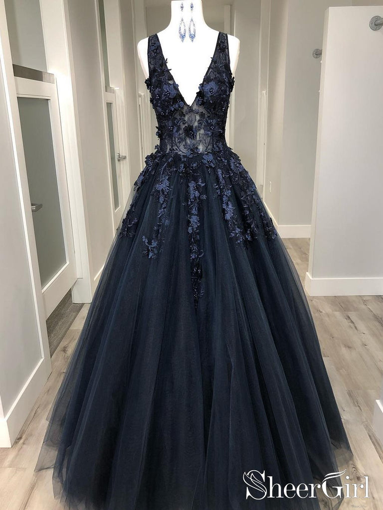Black Deep V Neck Appliqued Prom Dresses See Through Floor Length Formal Dresses ARD2497-SheerGirl