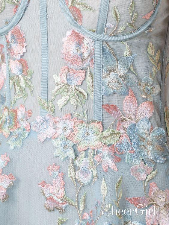 Black High Low Prom Dresses Floral Embroidery Lace Sky Blue Prom Dresses ARD1336-SheerGirl