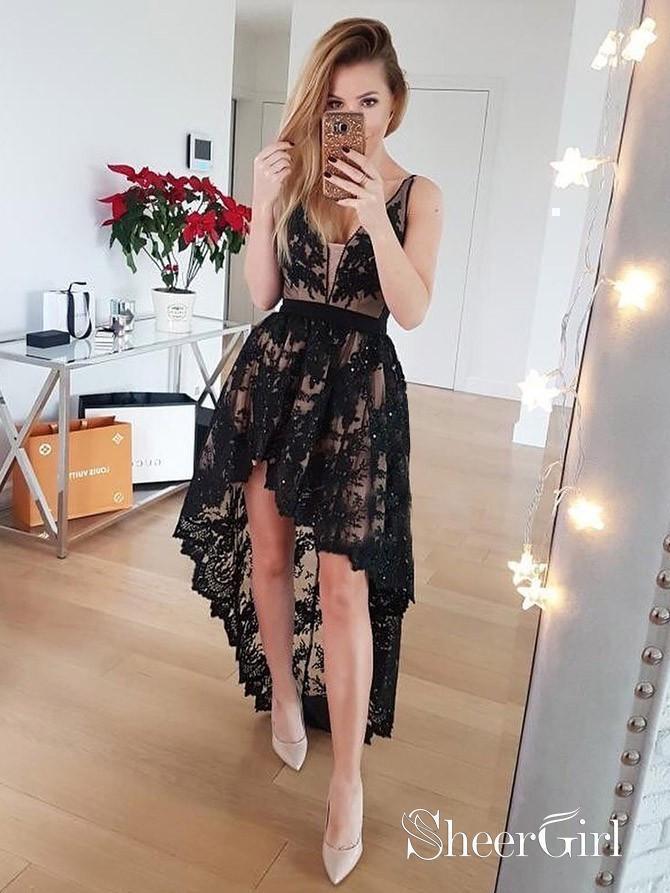 Black Lace High Low Homecoming Dresses A Line V Neck Vintage Prom Dress ARD1767-SheerGirl