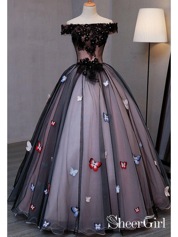lime green and black dress Off the Shoulder Black Prom Dresses Butterfly Appliqued Princess  Quinceanera Dress – SheerGirl