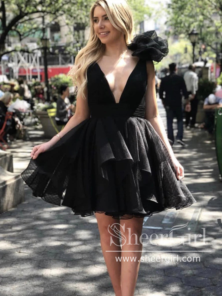 Black Tulle Short Graduation Dress V Neck Homecoming Dresses ARD2838-SheerGirl
